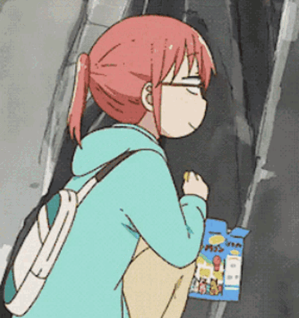 a girl with red hair and a backpack is holding a box that says ' noodles ' on it