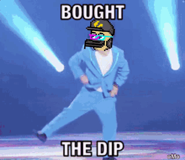 a man in a blue suit is dancing with the words bought the dip