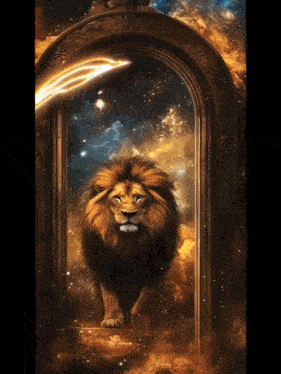a painting of a lion standing in front of an archway