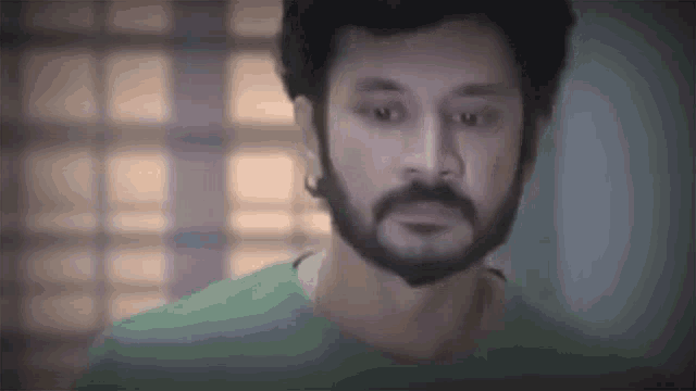 a man with a beard and a green shirt is looking at the camera .