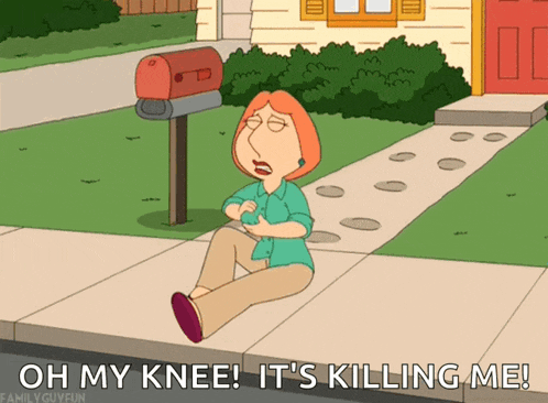 a cartoon of lois griffin sitting on the sidewalk with the words oh my knee it 's killing me