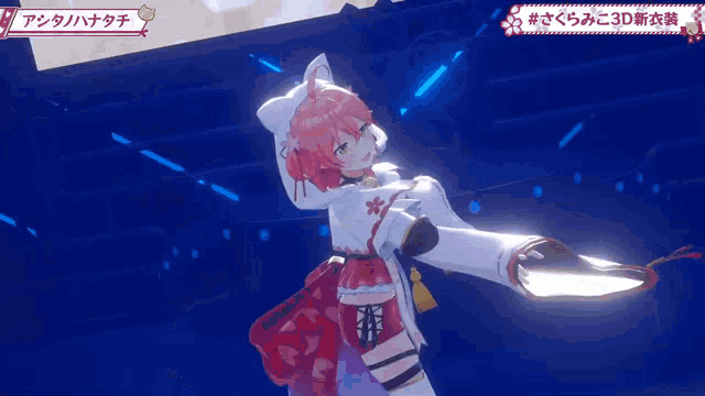 a girl with red hair and white ears is wearing a white and red outfit