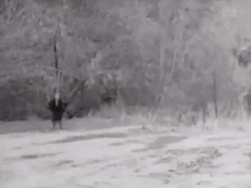 a black and white photo of a person standing in the snow in the woods .