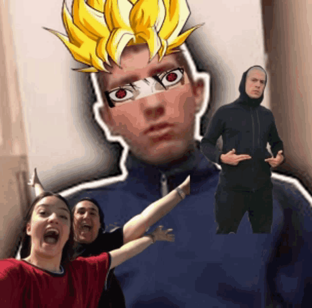 a group of people are posing for a picture with a man wearing a mask of a dragon ball z character