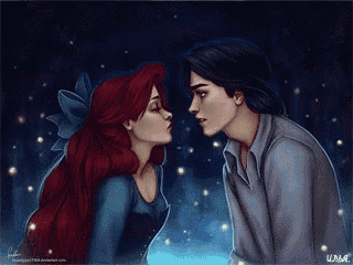 a painting of a man and a woman looking into each other 's eyes with the name ariel on the bottom right