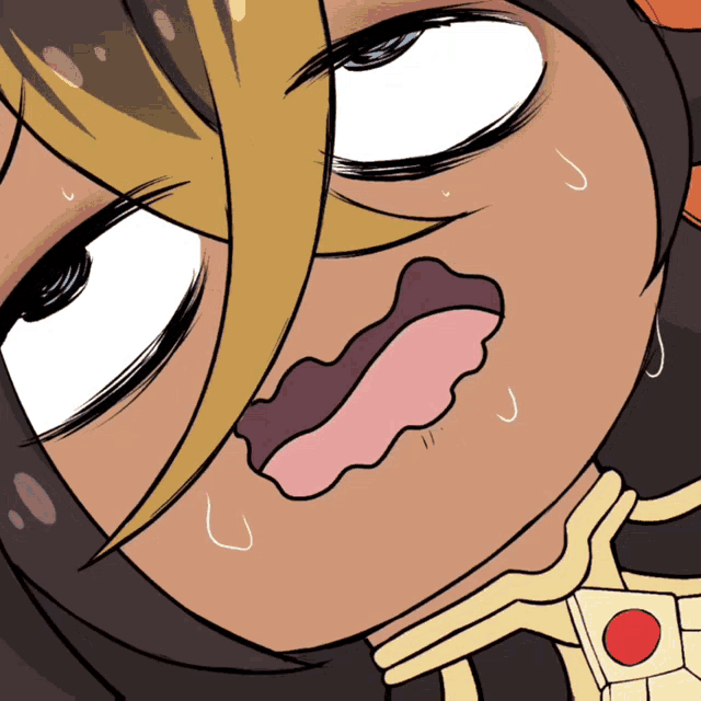 a close up of a cartoon character with a surprised look on her face