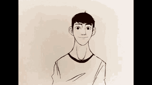 a black and white drawing of a man in a t-shirt .