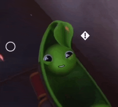 a green cartoon character is sitting in a green pod with a surprised look on its face .
