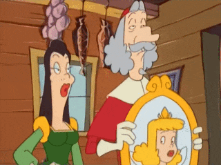 a cartoon of a man holding a picture of a woman