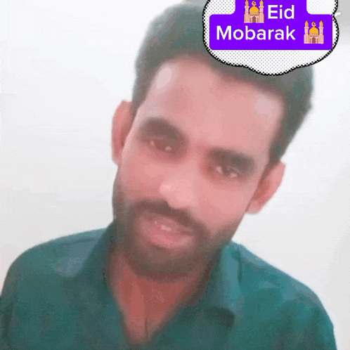 a man with a beard has a speech bubble that says eid mobarak