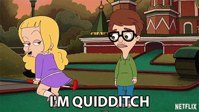a cartoon says i 'm quidditch and shows a man and a girl