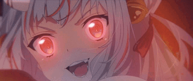 a girl with long white hair and red eyes is standing in a room with a sword in her hand .