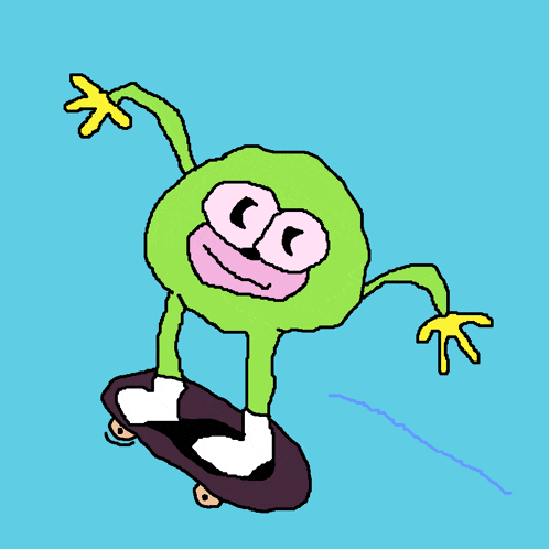 a cartoon character is riding a skateboard with a blue background