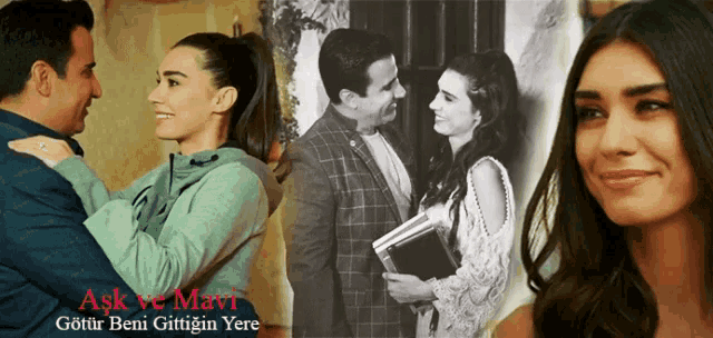 a man and a woman are standing next to each other and the words ask ve mavi gotur beni gittigin yere