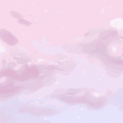 a pink background with clouds and stars in the sky