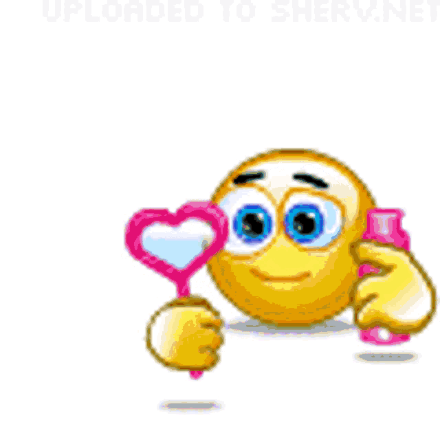 a smiley face is blowing soap bubbles and holding a heart