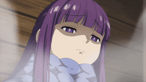 a girl with purple hair and a scarf around her neck looks sad