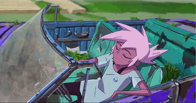 a cartoon character is laying in a purple car