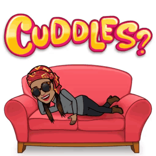 a cartoon woman is laying on a red couch with the word cuddles behind her