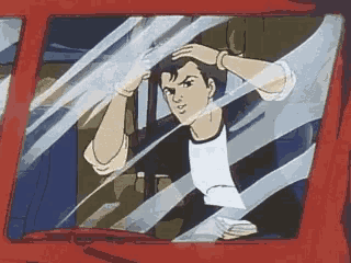 a cartoon of a man looking out a broken window