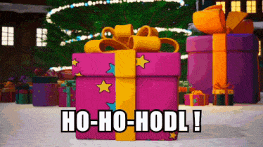 a purple gift box with a yellow bow and the words ho-ho-hodl
