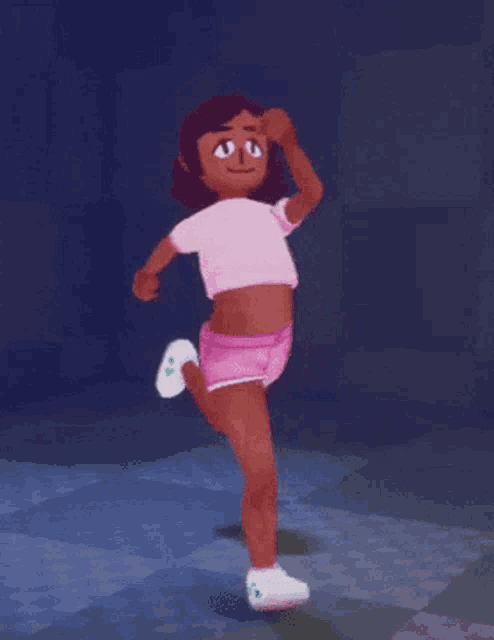 a girl in pink shorts and a pink top is dancing