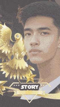 a picture of a man with a bird behind him and the word story below him