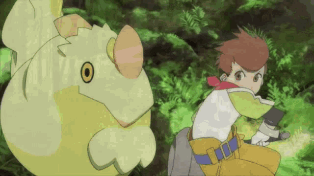 a cartoon of a boy riding on the back of a giant monster