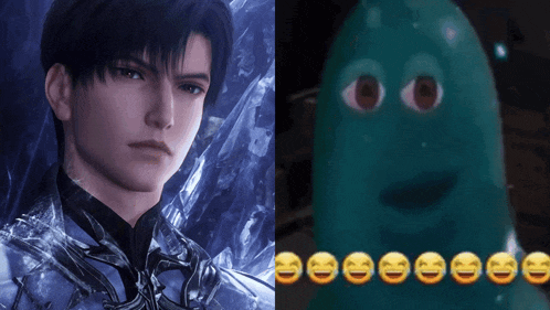 a picture of a man next to a picture of a monster with smiley faces on it