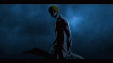 a silhouette of a man standing in the dark with a blue background