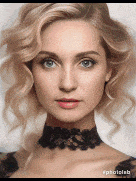 a woman wearing a black lace choker has the hashtag photolab on the bottom right