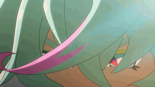 a close up of a cartoon character 's hair with a pink stripe
