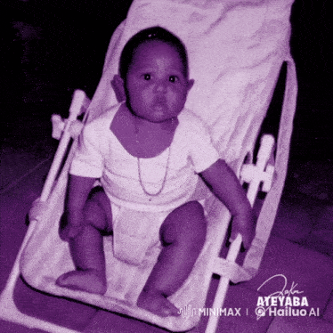 a baby is sitting in a stroller with a purple background that says " dole ayeyaba "