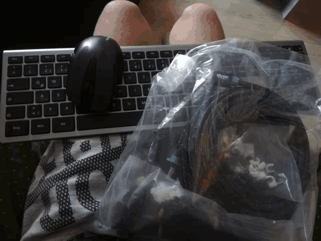 a person sits with a keyboard and a bag that says ' ethernet cables ' on it