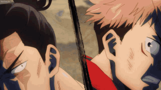 two anime characters are looking at each other and one of them says ' sanime.tv ' on it
