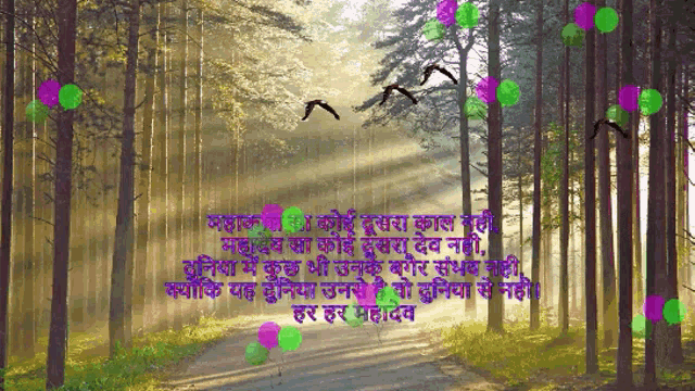 a picture of a forest with birds flying in the background and a quote in a foreign language