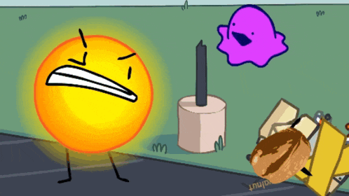 a cartoon drawing of a purple ghost a candle and a peanut