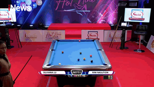 a pool table with silviana lu and rini nasution playing