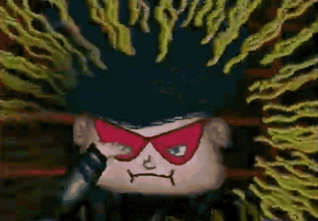 a cartoon character wearing a mask and glasses is holding a microphone