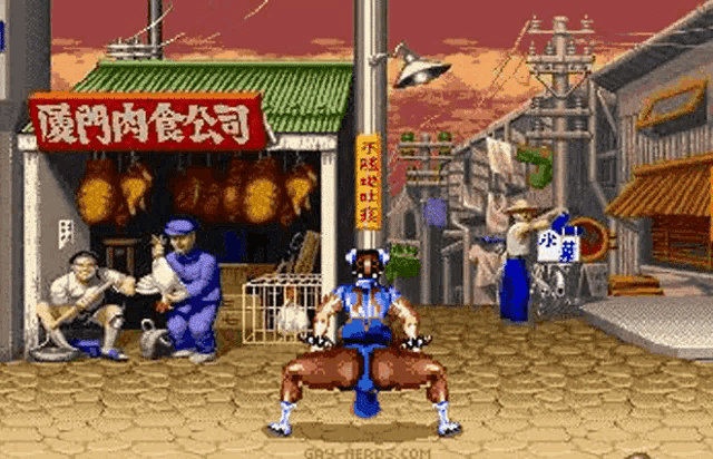 a pixel art of chun li in front of a chinese store