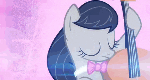 a cartoon pony is holding a guitar and wearing a pink bow tie .
