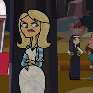 a cartoon of a woman with a nun in the background