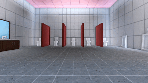 a bathroom with a row of toilets and urinals with red doors