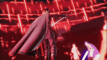 a man in a purple cape is holding a sword in front of a red background .