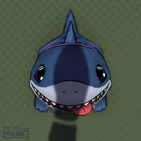 a drawing of a shark with a tongue sticking out and the name jenush on the bottom right