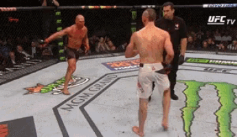 two men are fighting in a ufc ring with a monster energy ad on the floor
