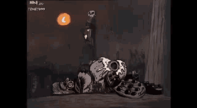 a black and white cartoon of a skeleton laying on the ground with a skull in his hand .