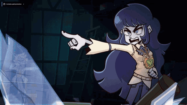 a cartoon of a girl pointing at a screen that says " includes paid promotion "