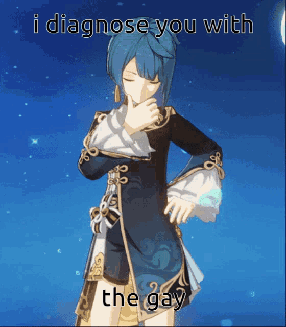a blue haired anime character with the words " i diagnose you with the gay "