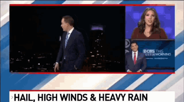 a cbs news broadcast with hail high winds and heavy rain written on the bottom